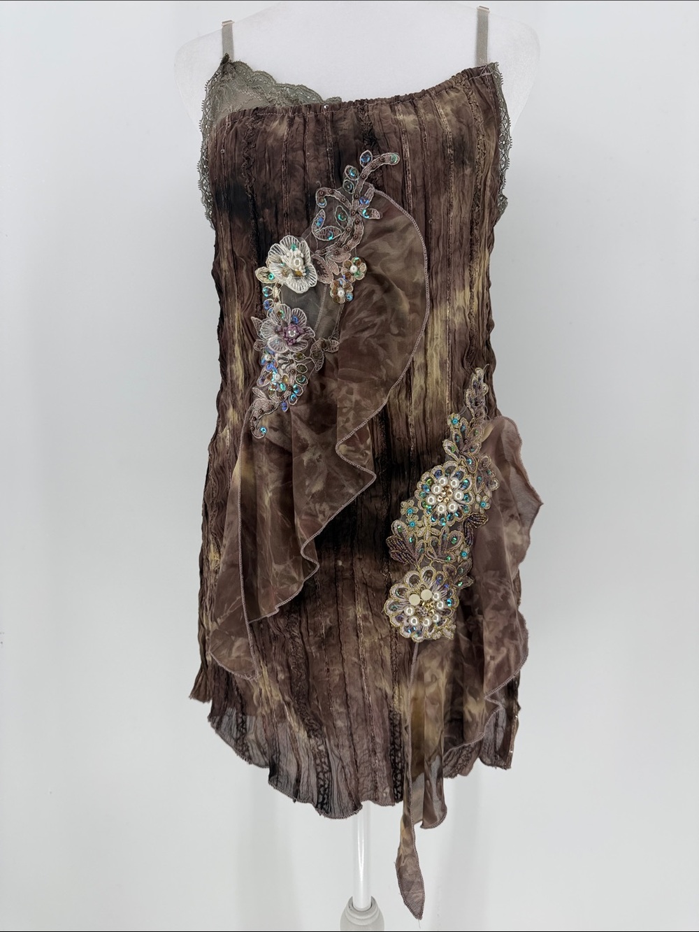 Vintage Y2K Pretty Angel Fairycore Brown Silk Beaded Ruffle Dress Size L
